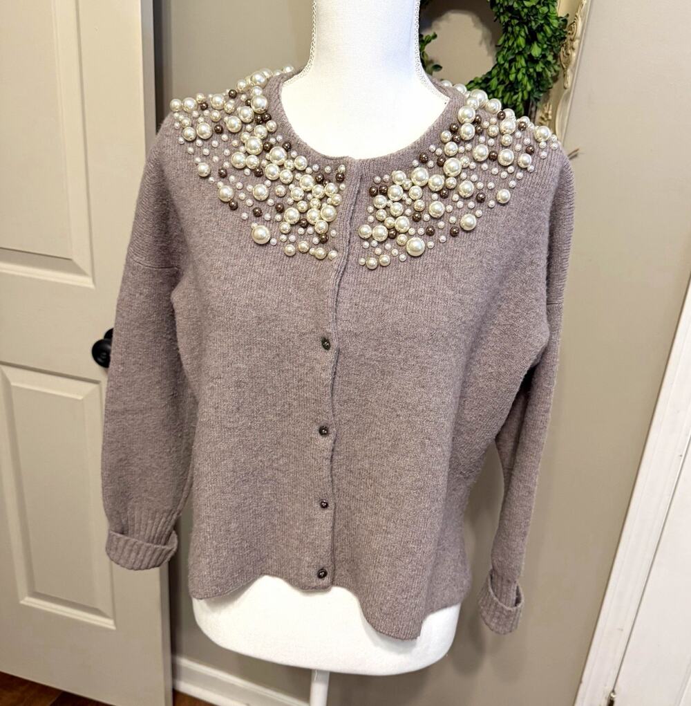 Anthropologie Moth Gray Knit Cardigan Sweater Button Front Beaded Pearl XS